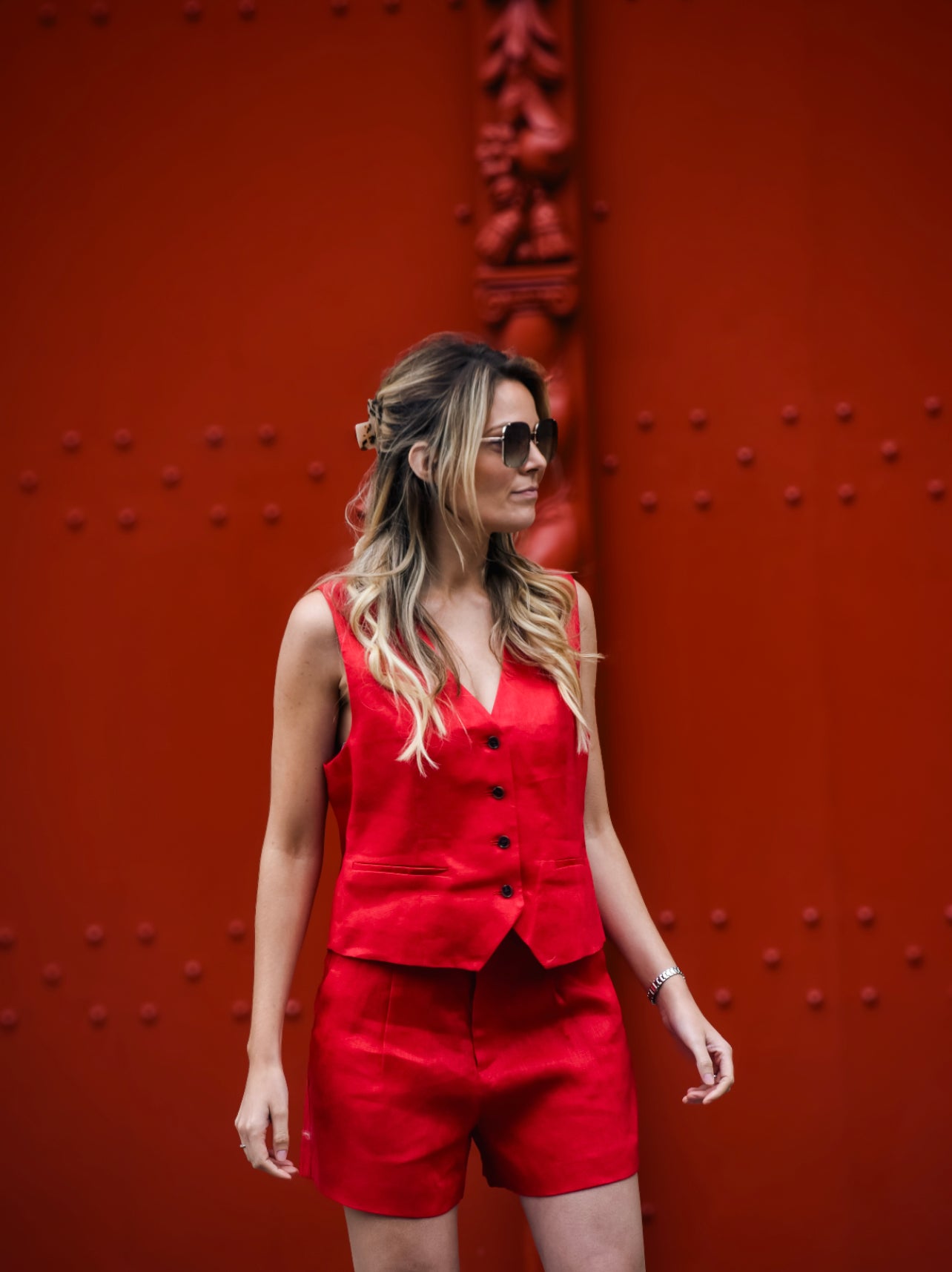 Daniella linnen short rood
